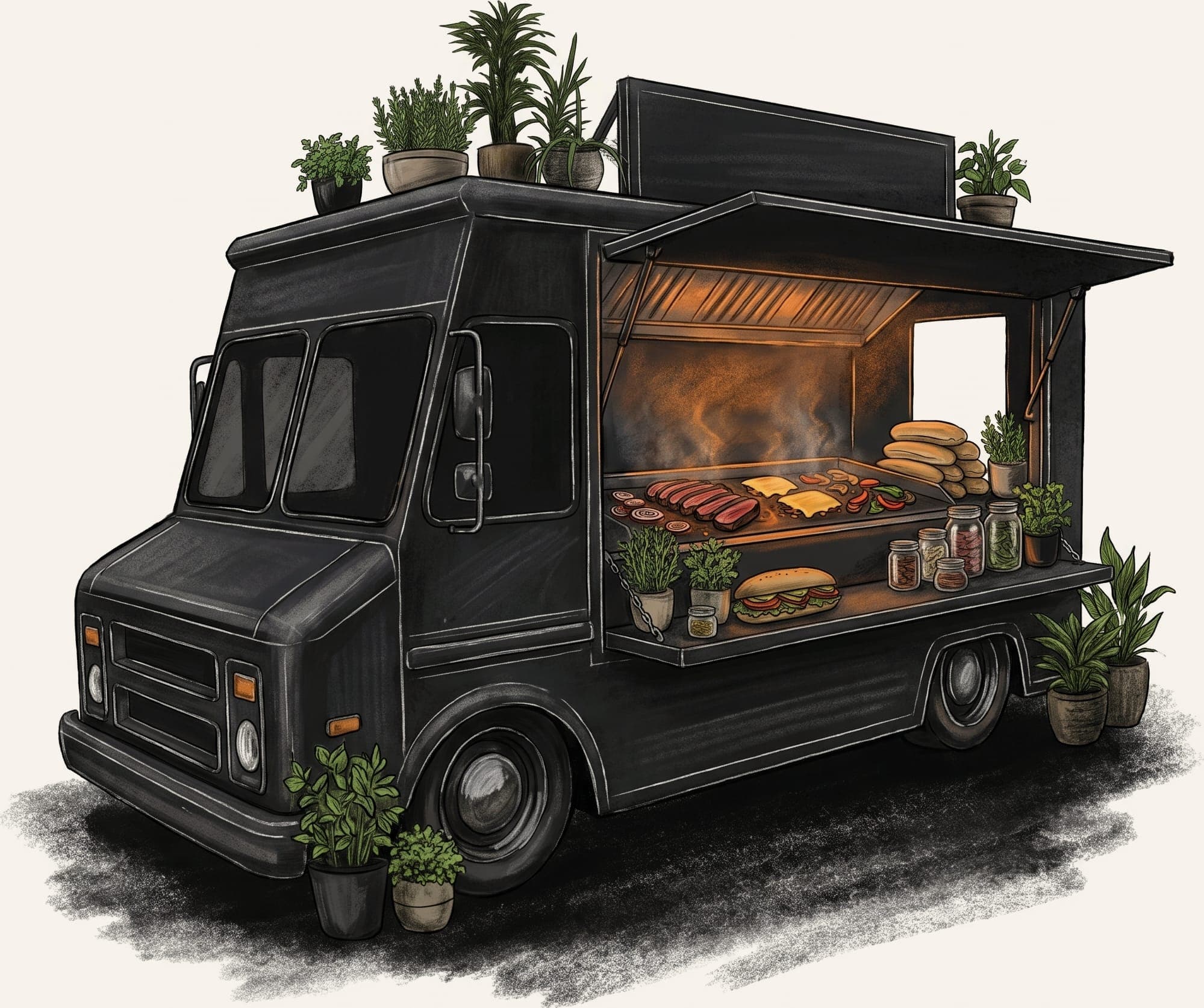 Illustration: charlyfresh Food Truck mit Philly-Cheesesteak-Grill und frischen Kräutern